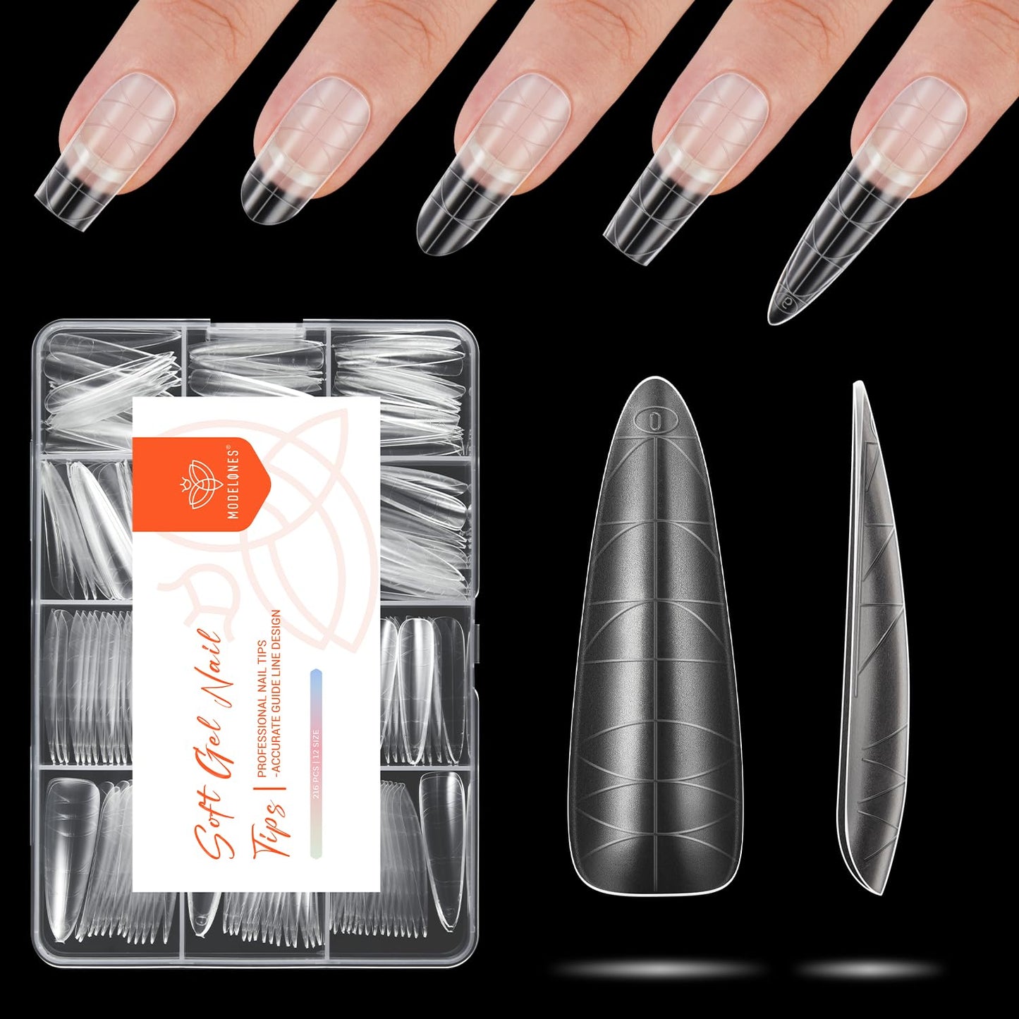 modelones Long Almond Guiding Line Nail Tips, Stiletto Soft Gel Tips Fake Nails False Acrylic Extensions Seamless Accurate Positioning Scale Line, Full Matte Professional Nail Salon 216PCS 12Sizes