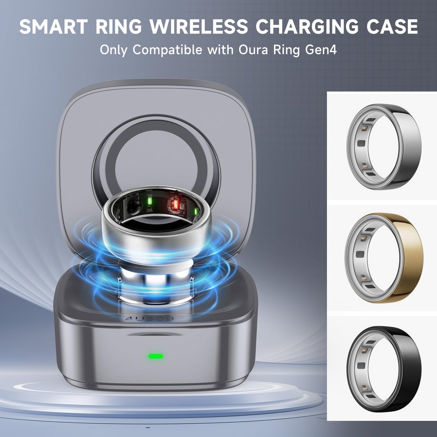 Wireless Charging Case Compatible with Oura Ring Gen 4 Charger Size 8, 600mAh Portable Travel Charging Box with USB-C Cable & Indicator Light, Essential for Smart Oura Ring 4 Users,Grey