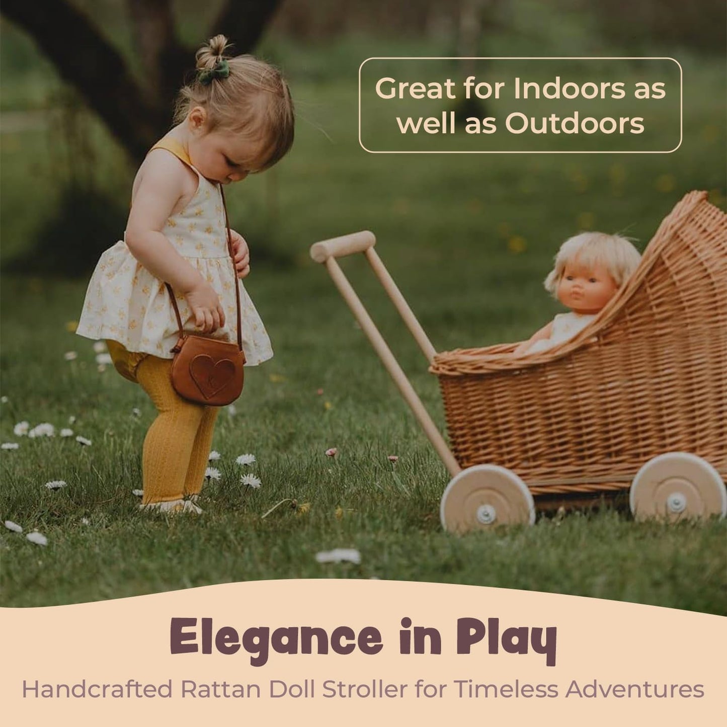 Wiklibox Natural Rattan Doll Stroller - Hand Made in Europe - Fits 17" Dolls & Plush Toys - Wicker Doll Pram & Baby Walker with Bedding Set - Perfect for Imaginative Play
