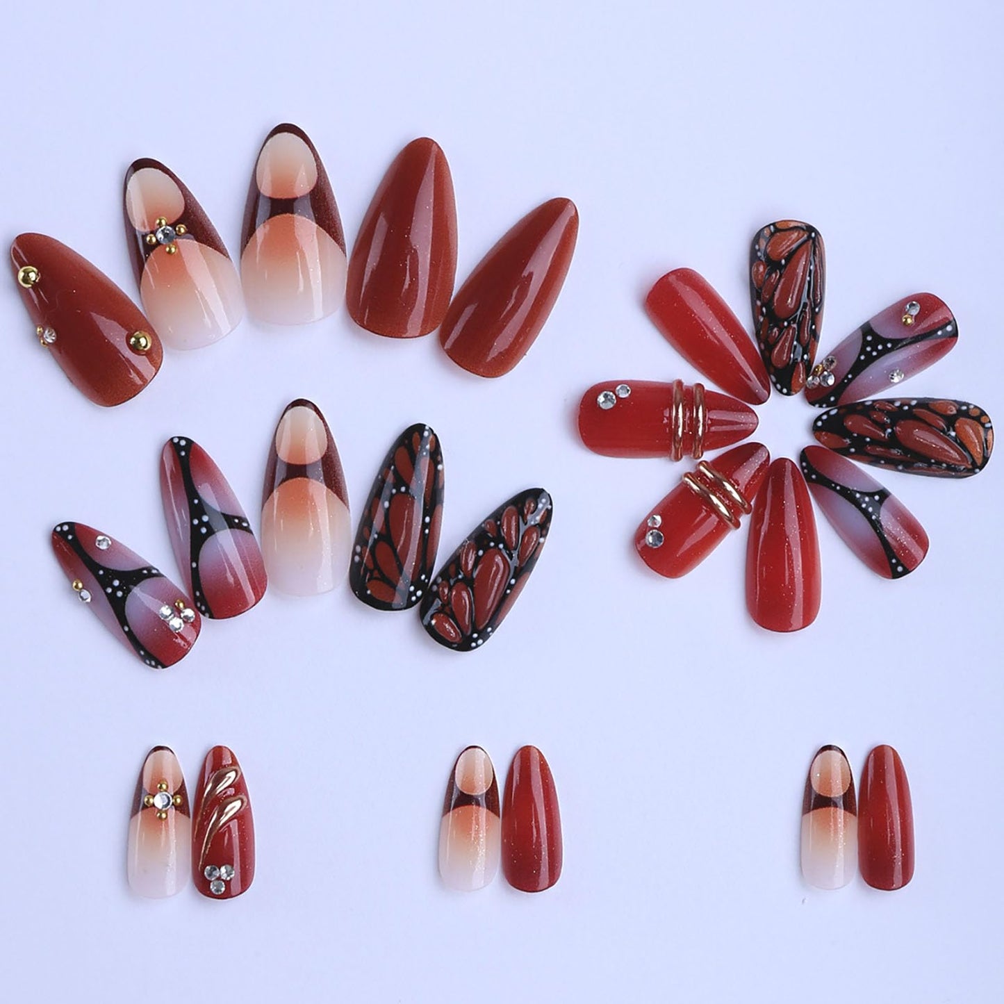 RUOKEXIN Almond Press on Nails Medium Fake Nails Butterfly False Nails with 3D Designs Spring Summer Nail Press ons Sparkly Artificial Nails for Women 24Pcs