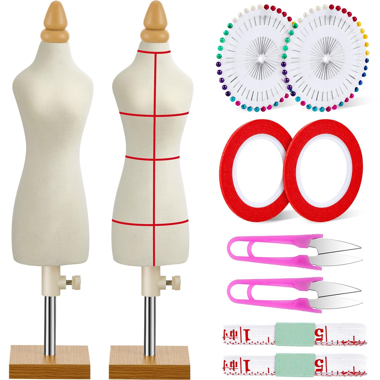 Weysat 2 Sets Doll Dress Form Mini Female 1/4 Size Tailor Dressmaker Dummy Mannequins Body Miniature Sewing Mannequin Dress Forms for Sewing with Red Patch Set