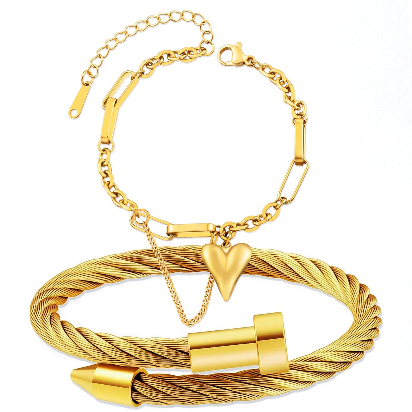 LCTrusttmor Gahna Heart Charm Bracelets for Women, Stackable 18K Gold Plated Heart Charm with Adjustable Box Link Chain Set Trendy Jewelry Gifts