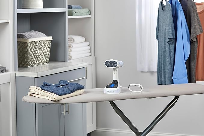BLACK+DECKER Easy Store Pro Foldable Steamer, GS0311-1PD, 45-Second Heat Up, Extra Long Power Cord & Lint Remover Attachment, Powerful Steam Performance for Clothes, Drapes & Upholstery