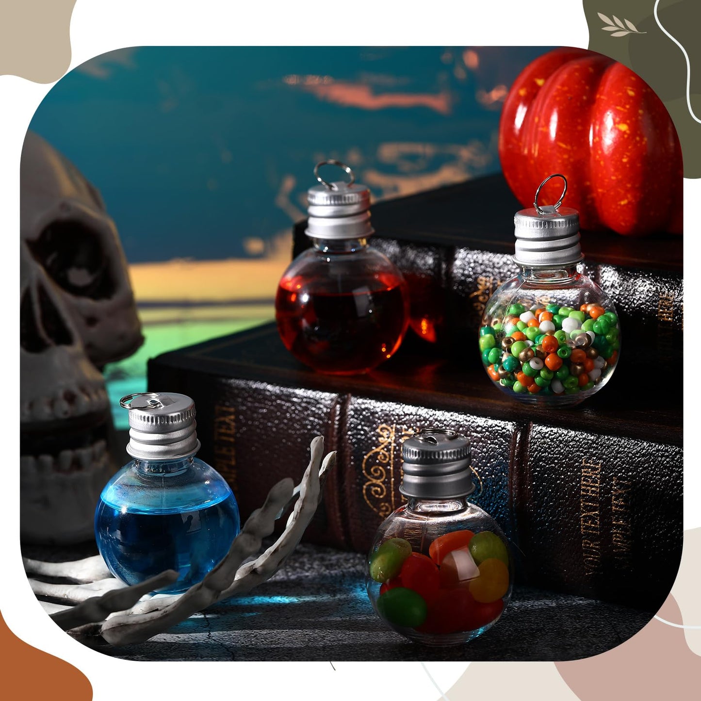Bokon 50 Pack 1oz Mini Plastic Potion Bottles with Lids, Small Sand Art Bottles Ball Shaped Jar Tiny Clear Wishing Vial for Birthday Christmas Ornaments Halloween Party Decoration DIY Craft (Sliver)