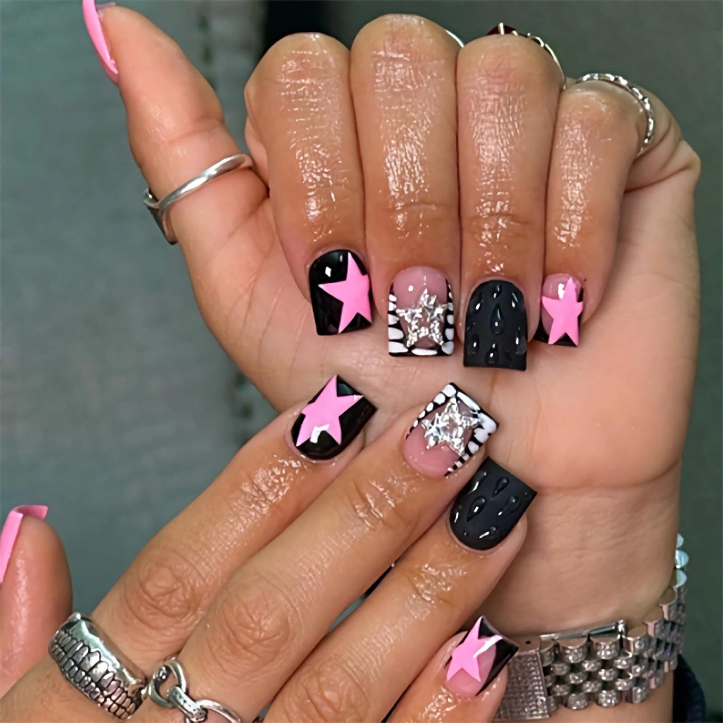 BABALAL Y2K Press On Nails, Short Square Fake Nails with Pink Star Print, Black White Acrylic Stick On Nails for Women 24Pcs