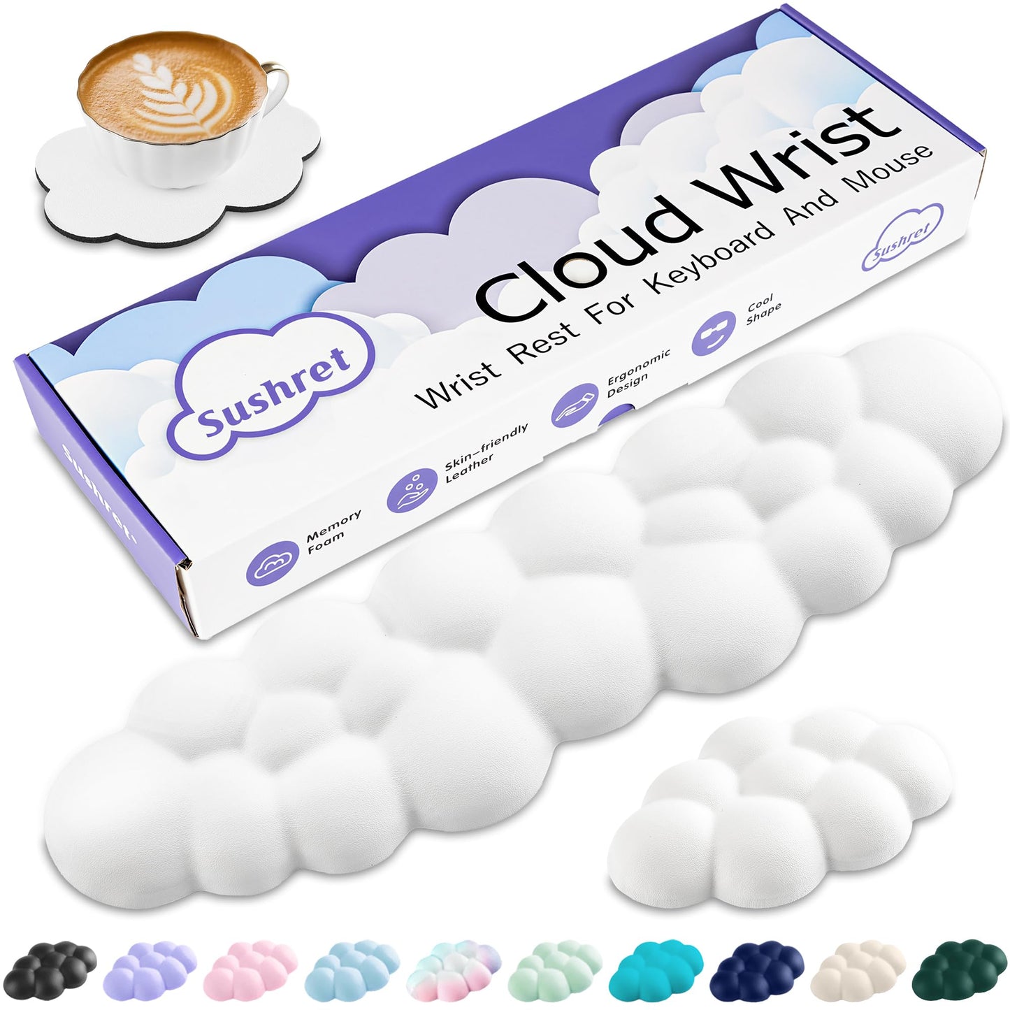 Sushret Cloud Wrist Rest Keyboard, Cloud Keyboard Wrist Pad Set with PU Leather Memory Foam, Cute Arm Rest for Palm Support, PC/Gaming Desk Accessories/Office Setup/Computer Hand Cushion - White