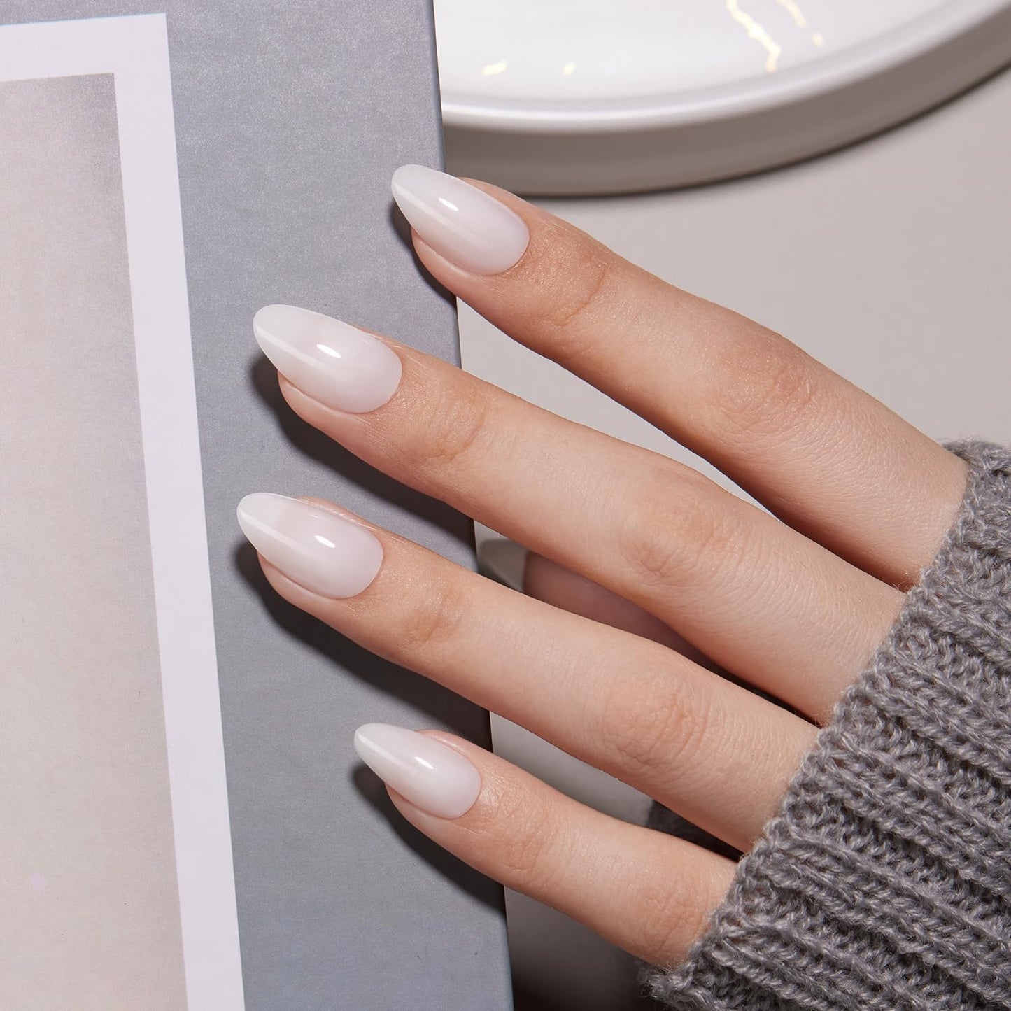 VSALON Almond Short Press On Nails, Milky White Sheer Jelly Finish Nail Kit & Blue Cat Eye Mini Pack