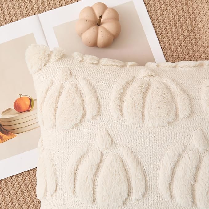 Kevin Textile Fall Pillow Covers 18x18 Inch Set of 2 Soft Pumpkins Decorative Square Pillowcases Plush Autumn Faux Fur Cushions Harvest Gift for Couch Sofa Chair Bedroom Home Decor, Beige