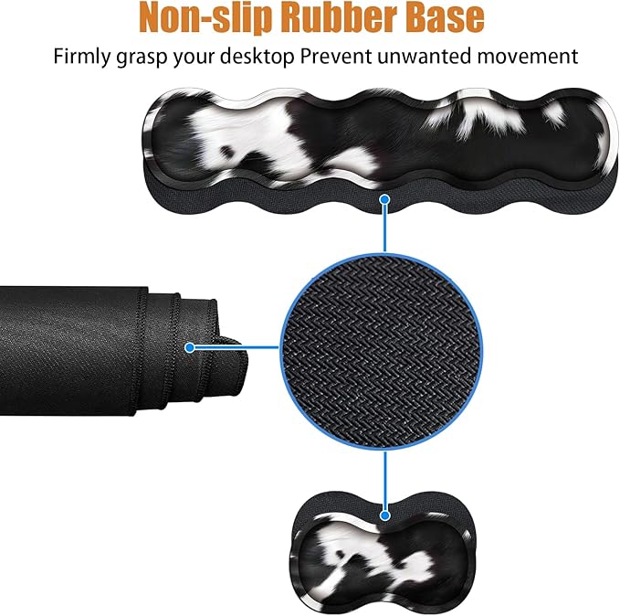 4 in 1 Ergonomic Keyboard Wrist Rest & Mouse Pad Wrist Rest Set, Large XXL Gaming Desk Mat 31.5"x 11.8" with Non-Slip Base, Memory Foam for Home Office Study Gaming, Black and White Cow Print