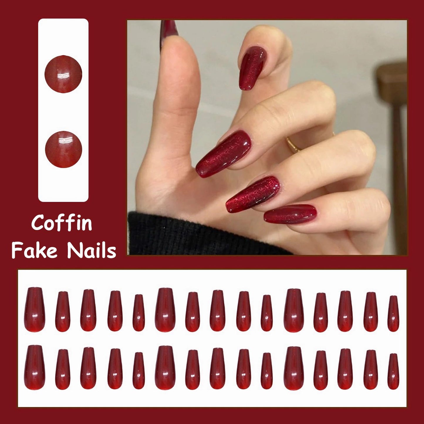 MISUD Press on Nails - Long Coffin Fake Nails with Red Cat Eye, Acrylic Bling Design 30 pcs