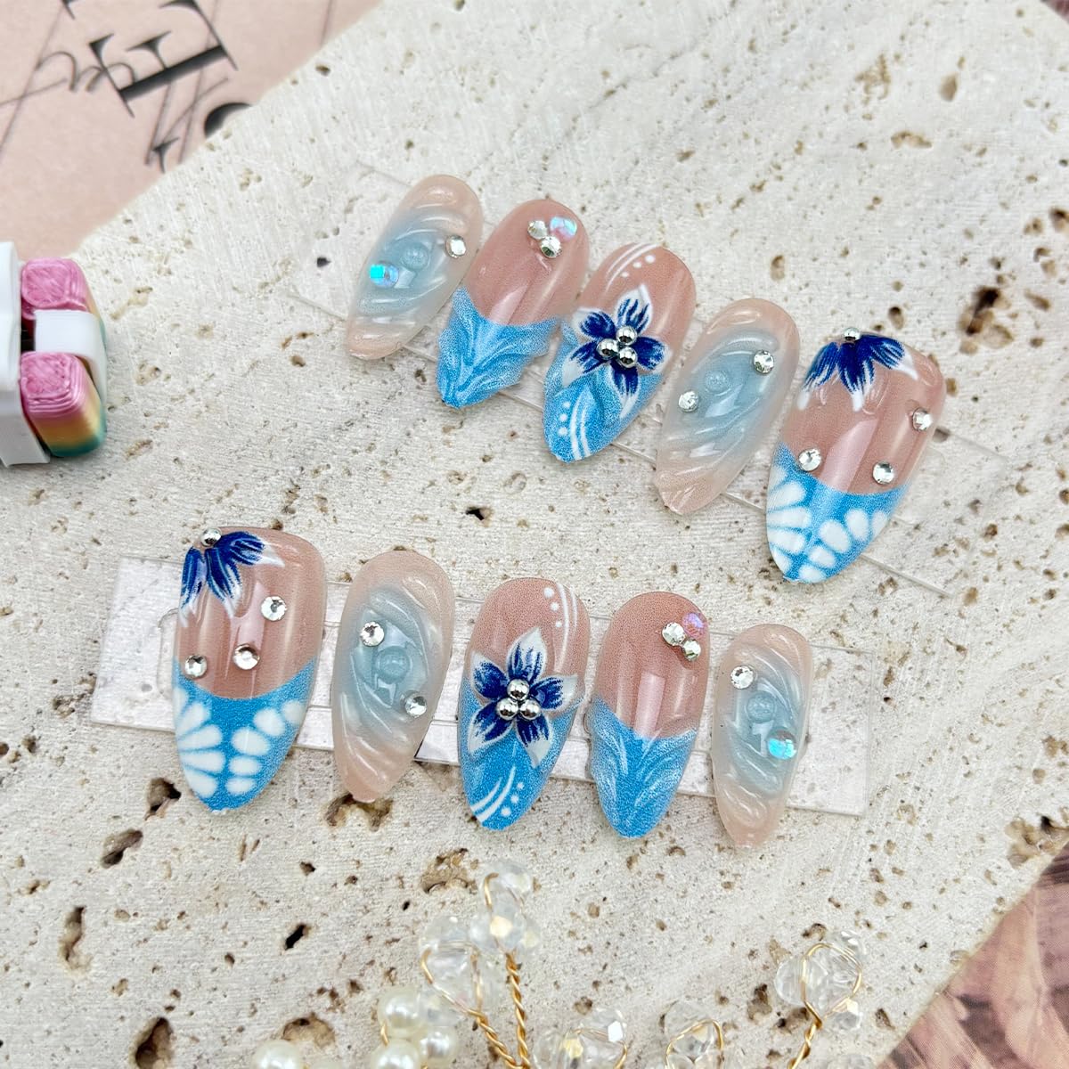 30Pcs Blue Flower Press on Nails Medium Almond Fake Nails with Sliver Beads Rhinestone Design Summer Glue on Nails Glossy Full Cover Handmade False Nails Reusable French Tip Acrylic Nails for Women