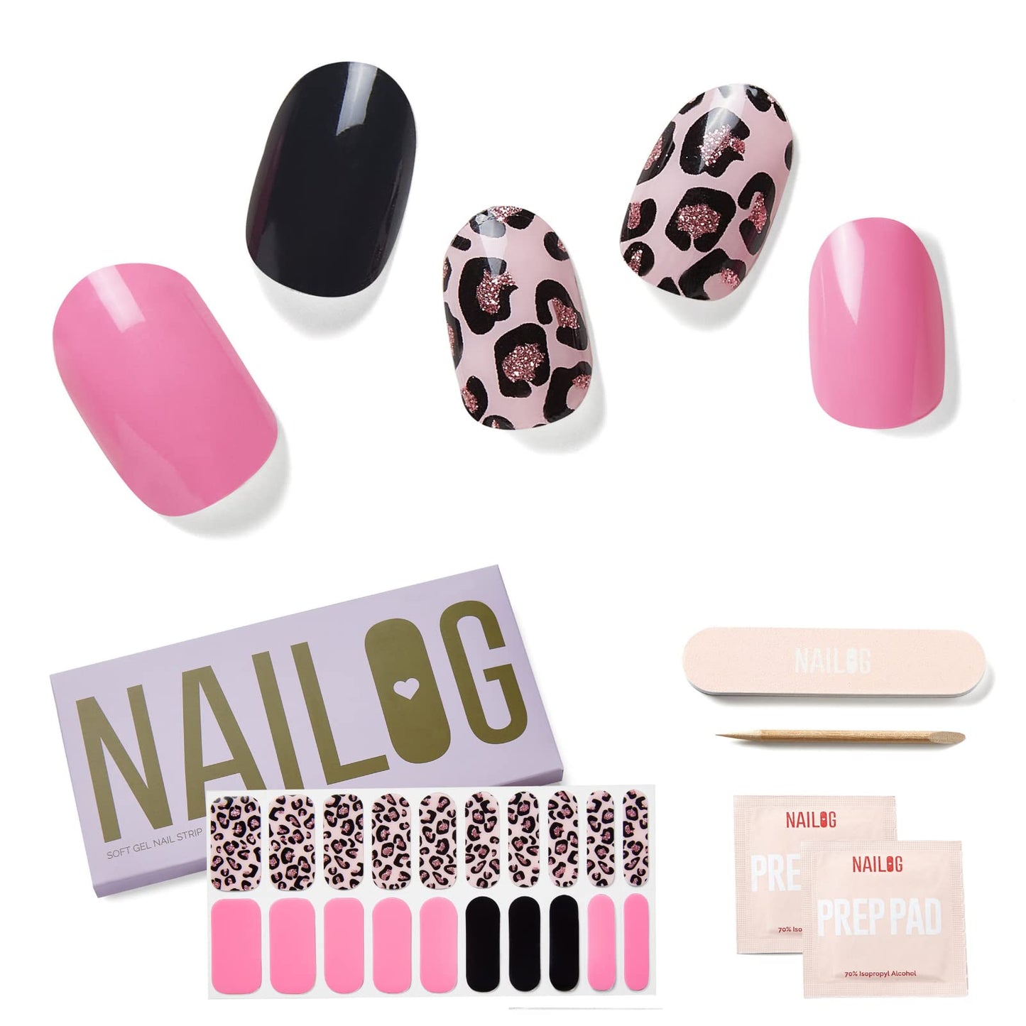 NAILOG Semi Cured Gel Nail Strips (20 Extra Long Polish Stickers/Wraps) │ Glossy & Long Lasting Soft Gel Finishing │Pink Leopard