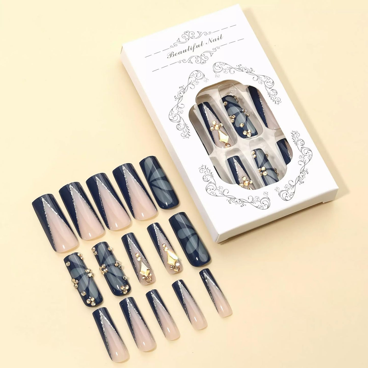 MISUD Press on Nails - Long Square Fake Nails with Navy Blue, Acrylic Butterfly Rhinestone Design 24 pcs