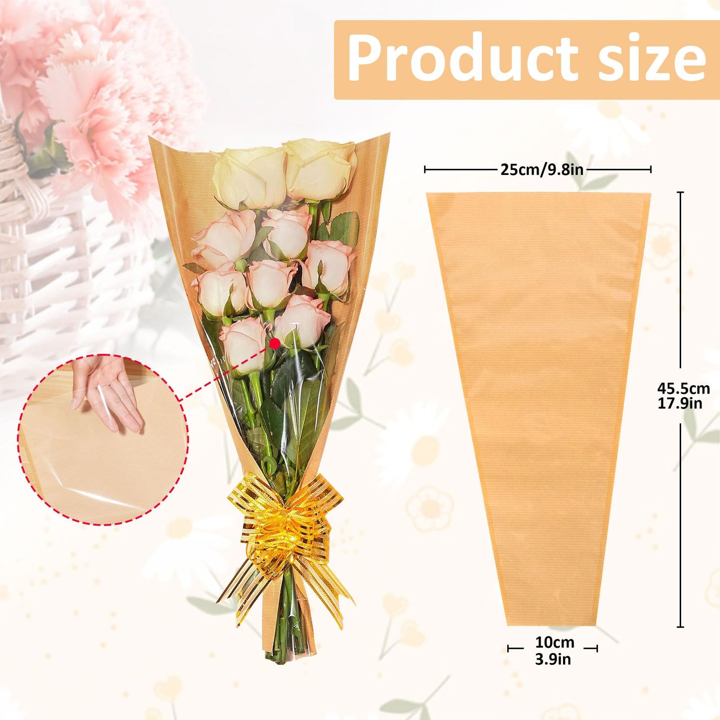 JOYIT Flower Bags for Bouquets, 50PCS Kraft Wrapping Bags, 9.8in x 18in Floral Wrapping Paper Sleeves for Floral bouquets Packaging