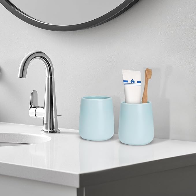 Bathroom Tumbler Cup Ceramic 2Pcs 13.5oz Reusable Toothbrush Cup 400ml,Toothbrush Holder Adequate for Your Bathroom (Cyan)