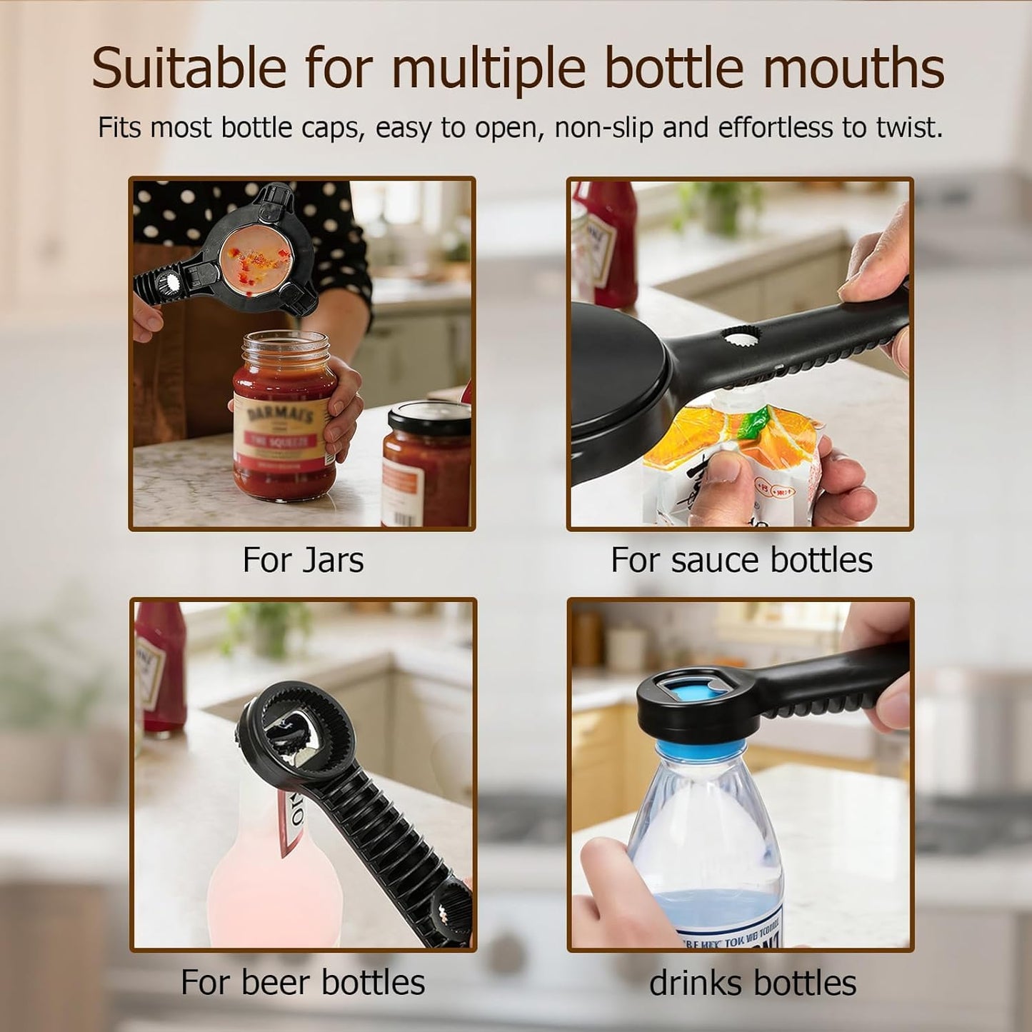 4-in-1 Multi-functional Jar Opener | Stainless Steel Can Opener 2PCS Jar & Bottle Openers | Various-Sized Can Lid Tools Multi Size Lid Tool for Jars Cans Wine Bottles Household Kitchen Tools