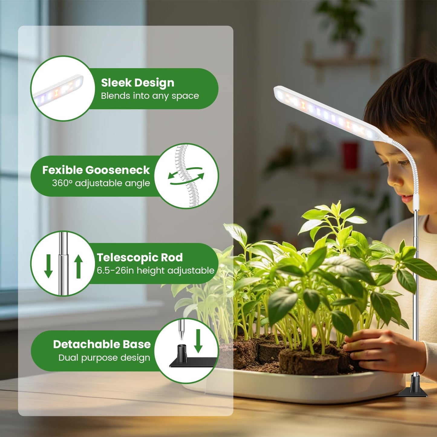 Wolezek Grow Lights for Indoor Plants, 52 LEDs Full Spectrum Plant Grow Light with Base, Height Adjustable Grow Lamp with Auto Timer 6/12/16H, 5 Dimmable Brightness, for Small Plants, White, 2-Pack