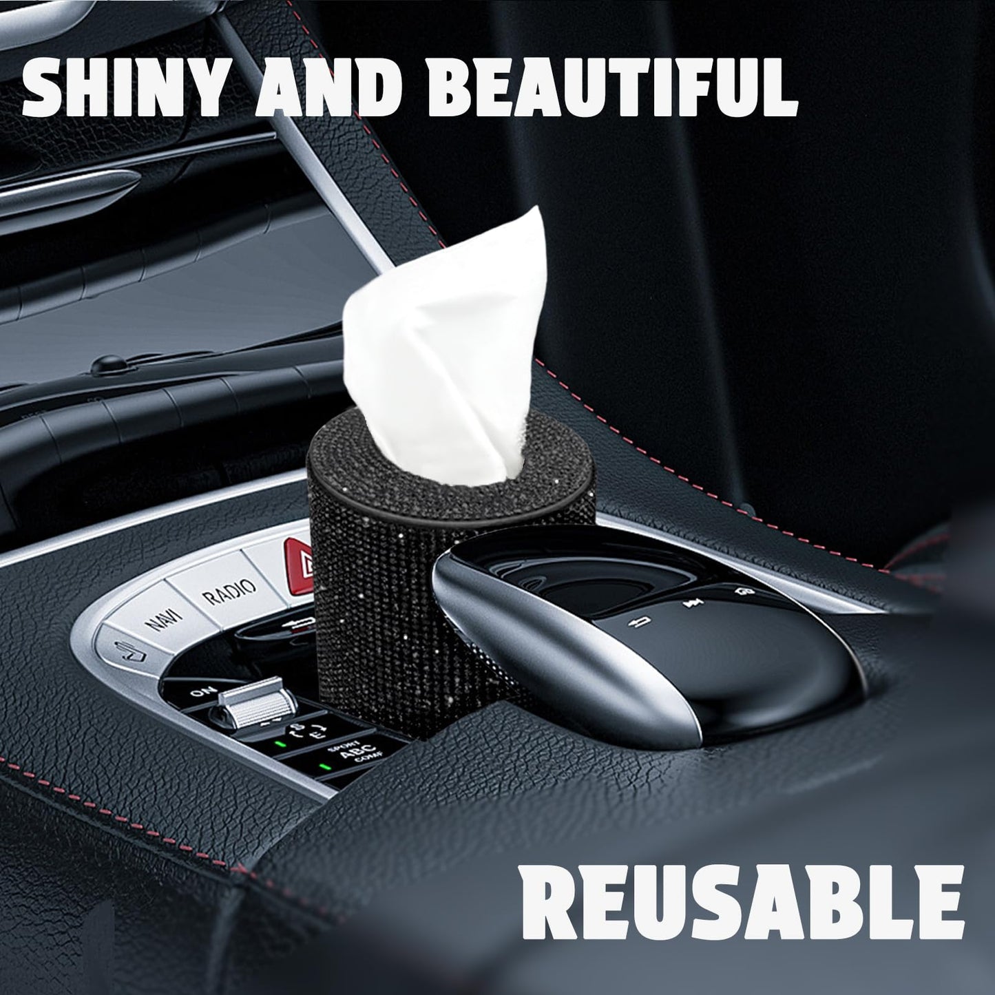 Bling Car Tissue Holder for Cup Holder – Sparkly Rhinestone Round Tissue Dispenser with 1 Pack Tissues – Fits Standard Auto Cup Holders – Stylish Car Interior Accessory for Women(Black)