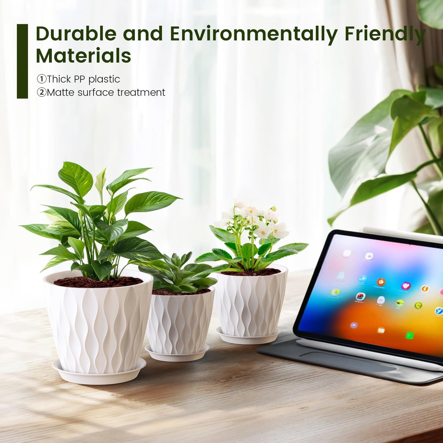 Meowell 7/6.5/6/5.5/5/4.5/4 inch Plant Pots for Indoor Outdoor Plants, 7 Pack Thick Flower Pots with Drainage Holes and Saucers, Modern Wave Texture Plastic Planter Pots for Nursery, Succulent, White