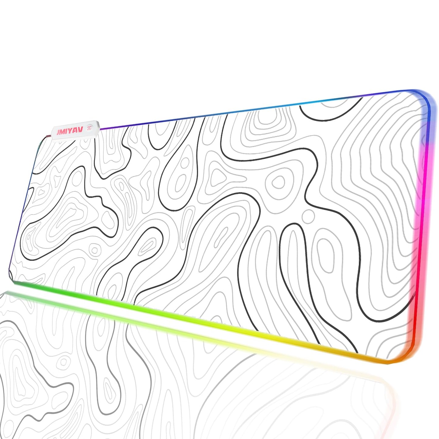 JMIYAV Gaming Mouse Pad RGB Mousepad Non-Slip Rubber Base Extra Large Cool XL XXL Computer Desk Pad Gaming Accessories Setup LED Light Up Big Mouse Pad for Gamer White Topographic (31.5x12In)
