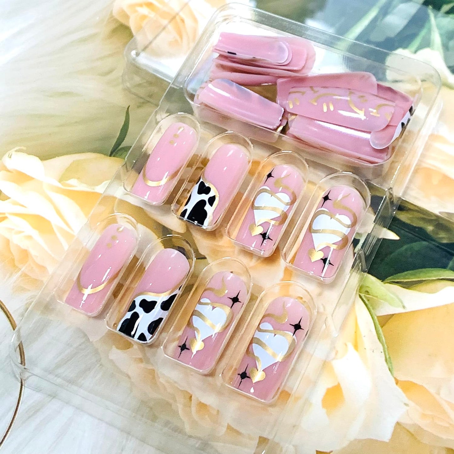 Press on Nails Medium Square Shapes 24Pcs Glossy Full Cover Artificial Pink Fake Nails with Gold Snake Line Designs Reusable Coffin Acrylic Fall False Nails Glue on Fingernails with Charm for Women