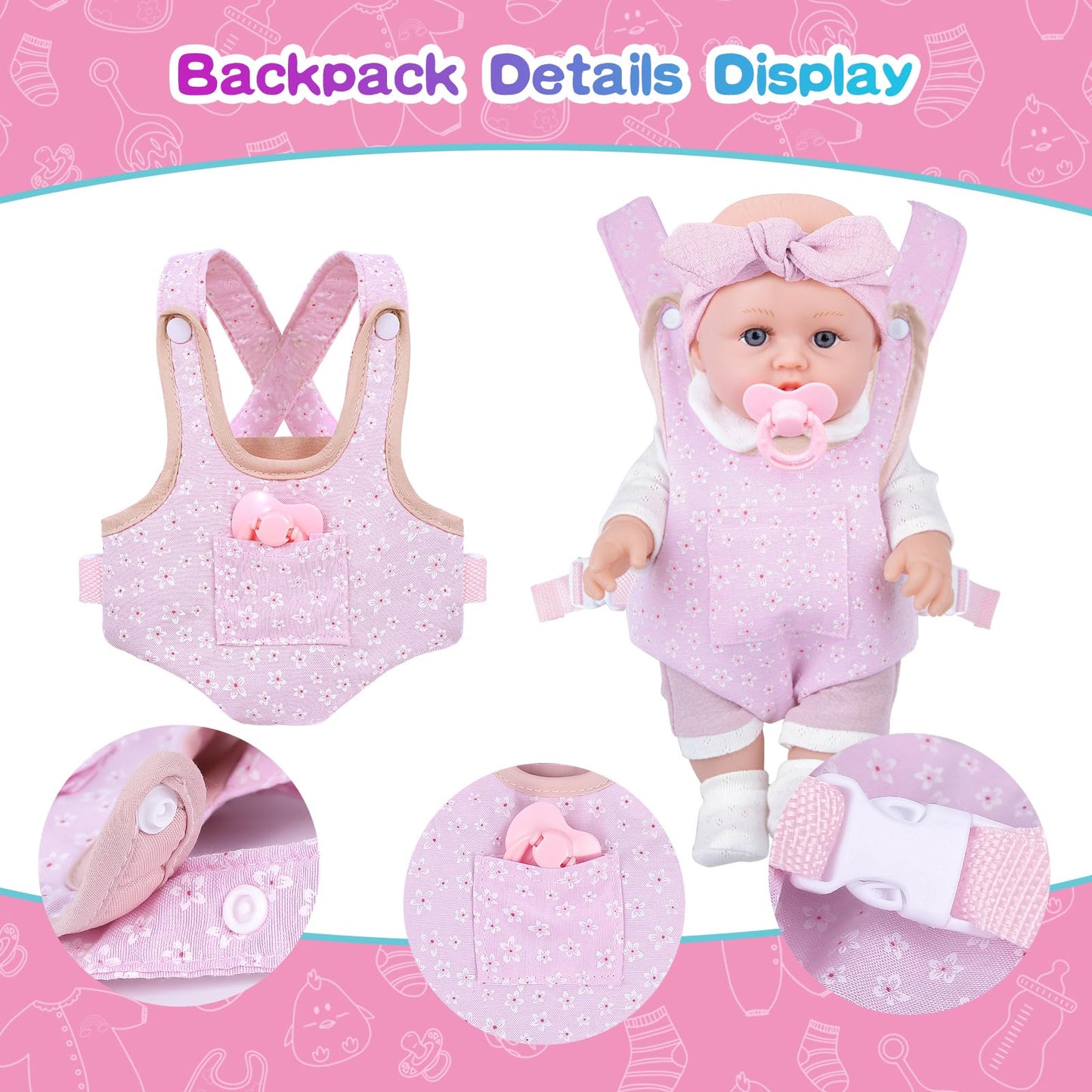 BDDOLL 12'' Baby Doll Playset with Clothes and Dolls Carrier Accessories Included Baby Carrier, Bottles, Nipple, Socks, Headbands