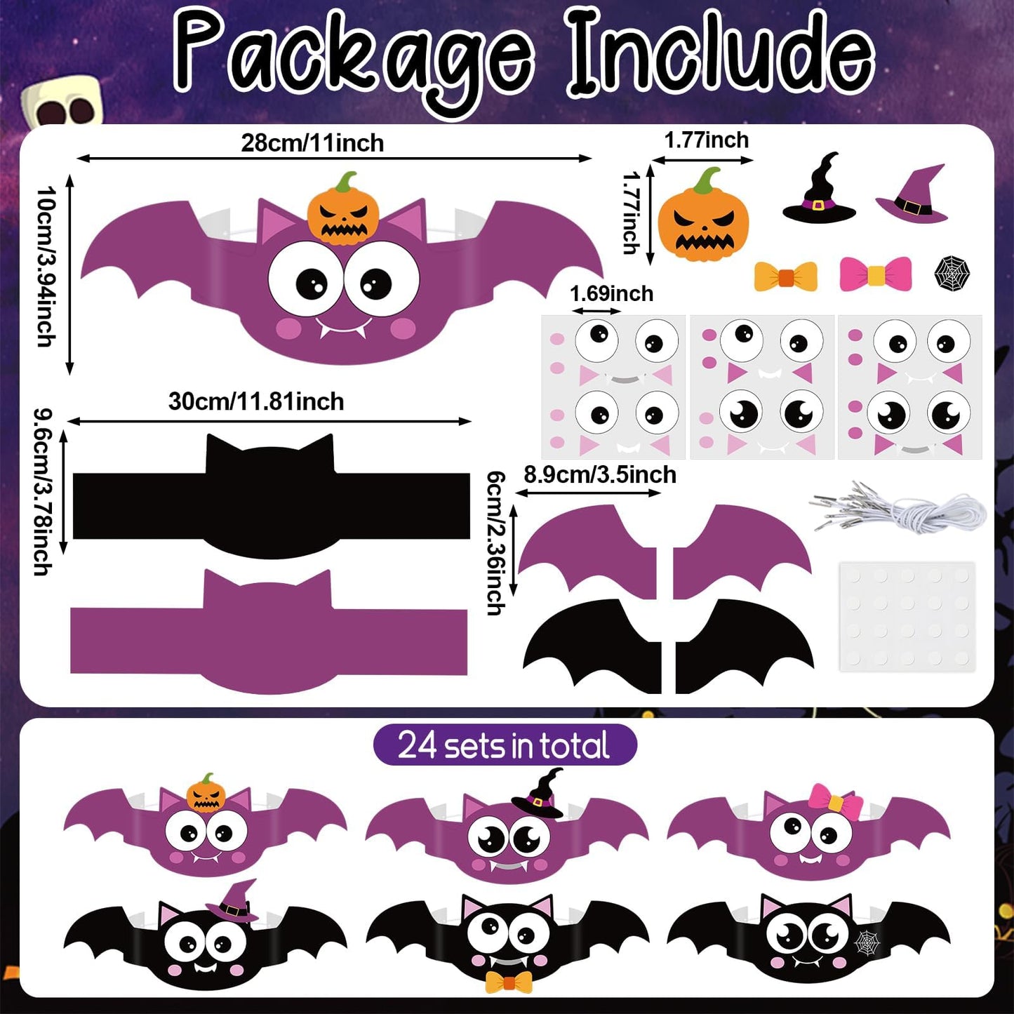 Qyeahkj 24 Sets Halloween Bat Paper Headband Crown Craft Kits Bat Theme Paper Crown Making Kit Easy DIY Art and Craft Crown Hats Halloween Party Supplies for Activities & Parties