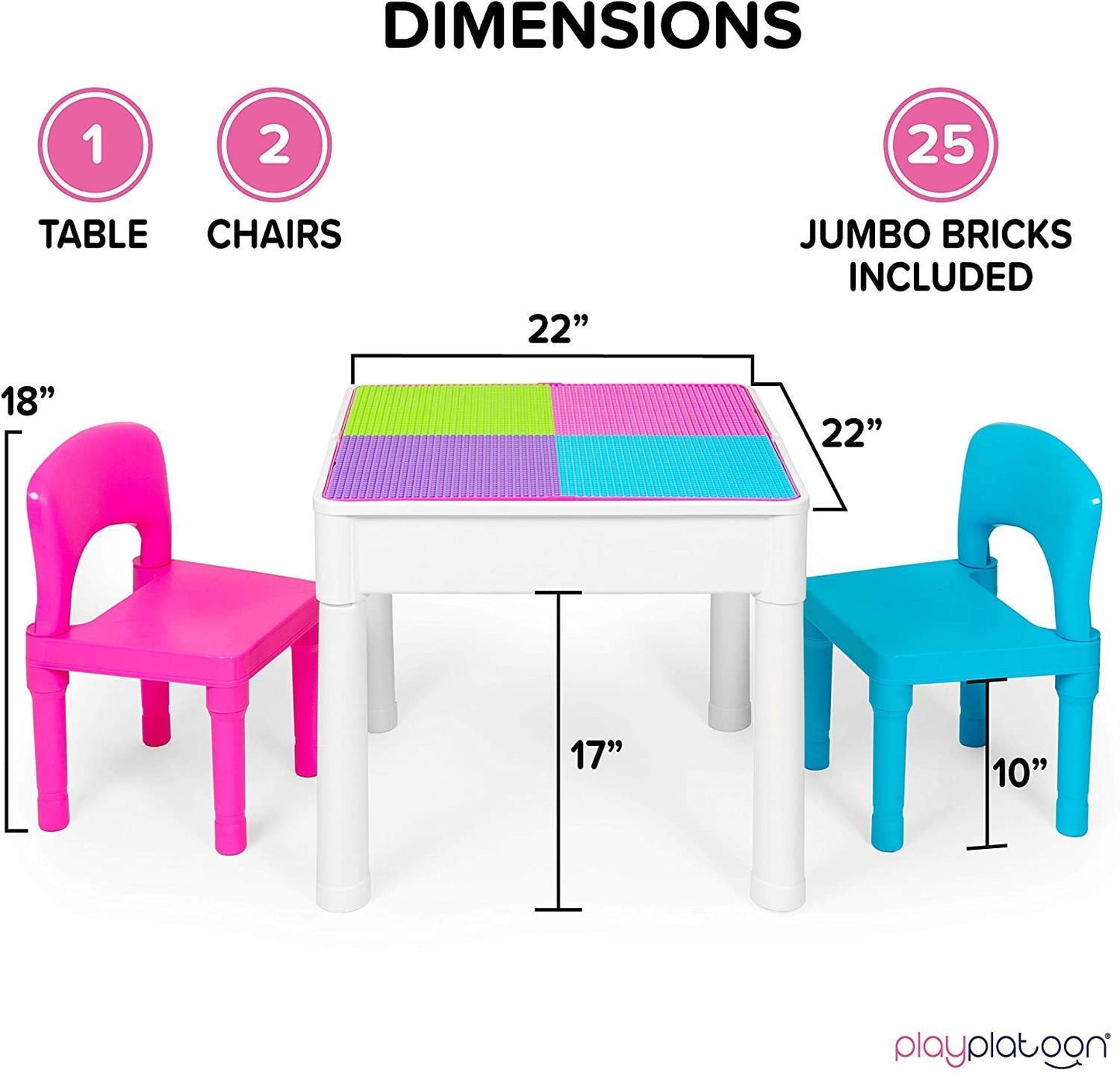 Play Platoon Kids Table and Chairs Set, Toddler 5 in 1 Pastel Activity Table - Sensory, Water, Art, Picnic, Blocks with Storage for Girls Ages 2 to 8 - with Pink and Blue Chairs