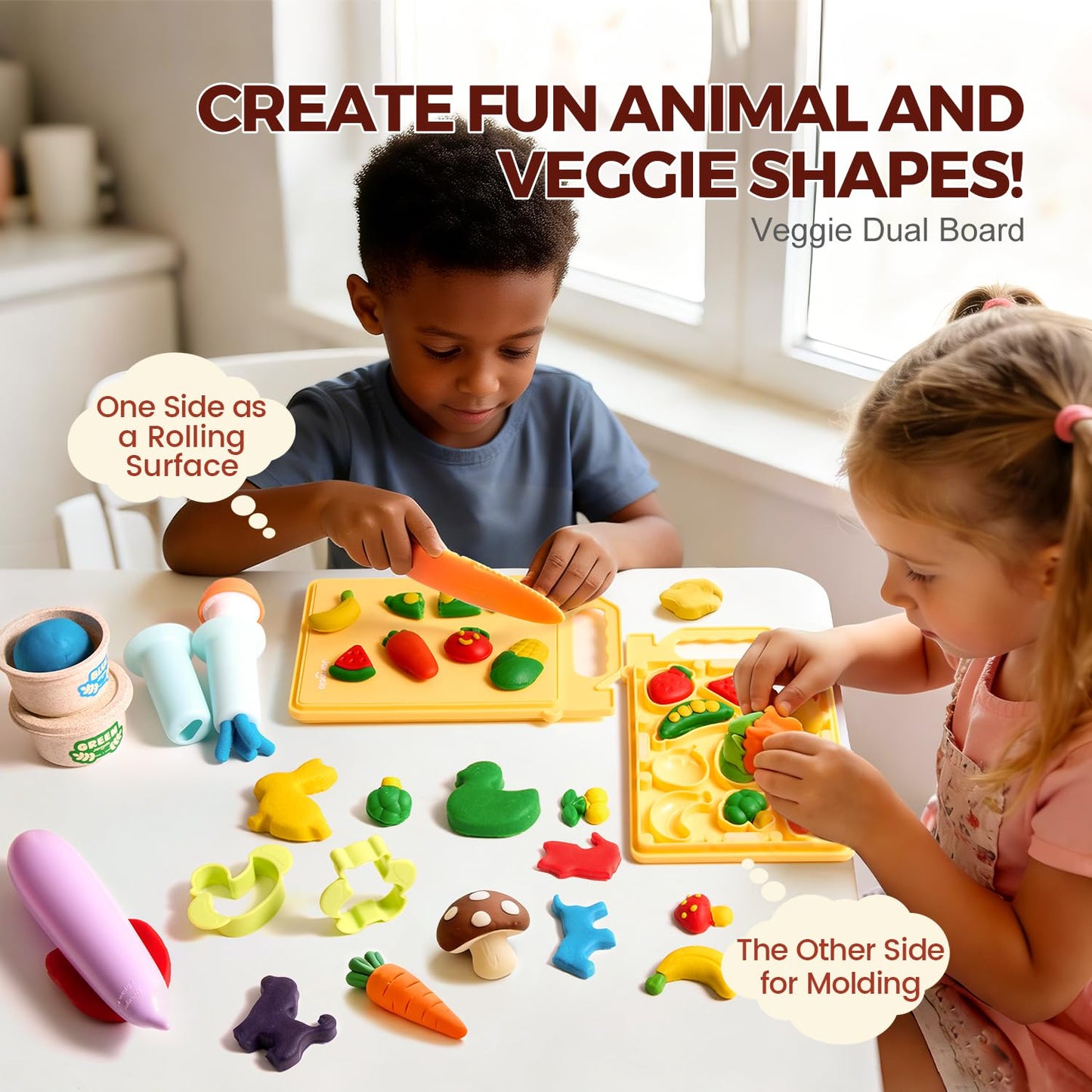 Jar Melo Dough Tool Set, 13 Pcs Farm Dough Tools for Kids Ages 2+, Dough Accessories Includes Cutters, Roller, Safety Scissors, Animal Molds and Veggie Board. Preschool Arts & Crafts Toy
