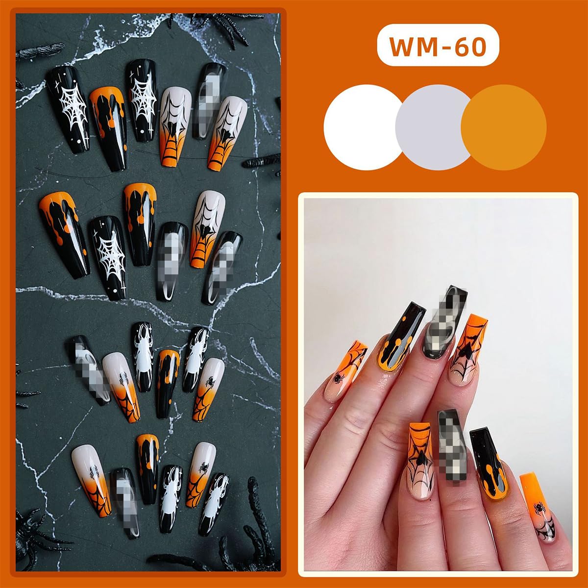 Halloween Press on Nails Long Square Fake Nails with Designs Spider Web Ghost Coffin False Nails Reusable Natural Artificial Stick on Nails for Women Manicure 24Pcs