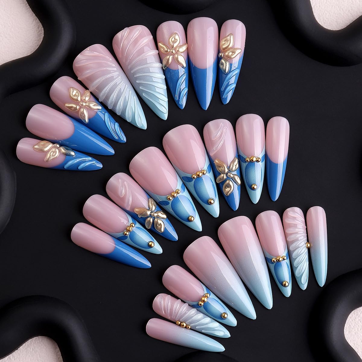 plalely Stiletto Press on Nails Long Blue Fake Nailwith 3D Charms Acrylic Nail Press ons Golden Embossed Stick on Nails for Women 24pcs