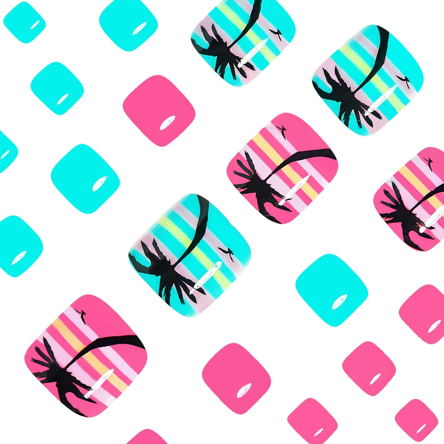 24Pcs Summer Beach Press on Toenails Short Square Fake Toe Nails with Coconut Tree Bird Designs Acrylic False Toenails Blue Pink Glossy Full Cover Glue on Toe Nails Artificial Toenails for Women