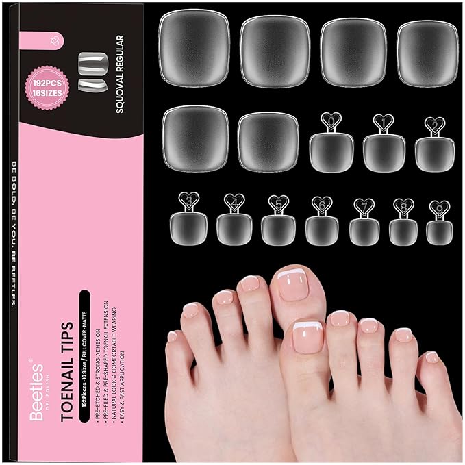 Beetles Toe Nail Tips Square - 16 Sizes 192 Pcs Full Cover Nail Tips Fake Acrylic Toe Nail Pre-etched Double Matte Press on Toenails, Soft Gel Toe Nail Extensions for Women