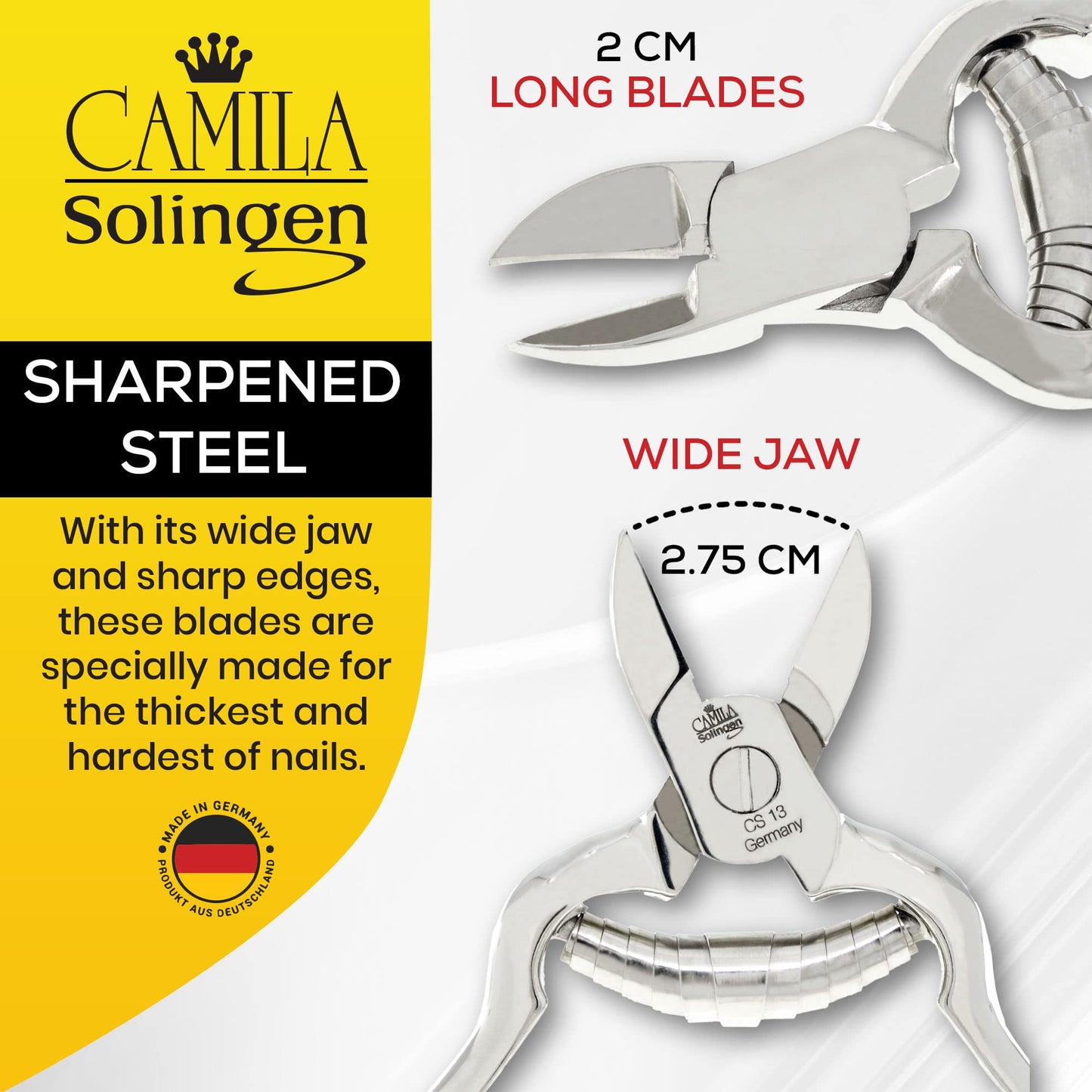 Camila Solingen CS13 Large Heavy Duty Toe Nail Clipper for Thick Toenails, Manicure & Pedicure, Double Barrel Spring. Super Sharp Trimmer Curved Carbon Steel 20mm Blade Made in Solingen, Germany