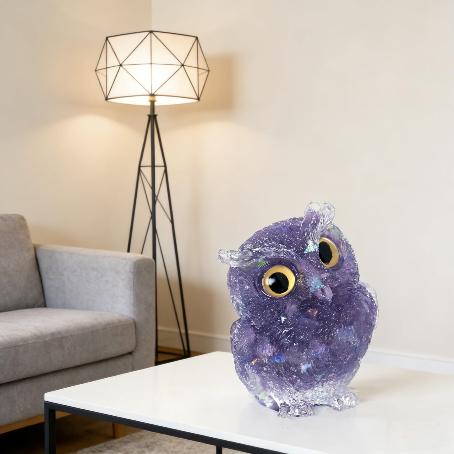 OwMell Owl Statue Tumbled Stone Gemstone Owl Figurine Home Decor Shelf Decor 2.5" - Deep Purple