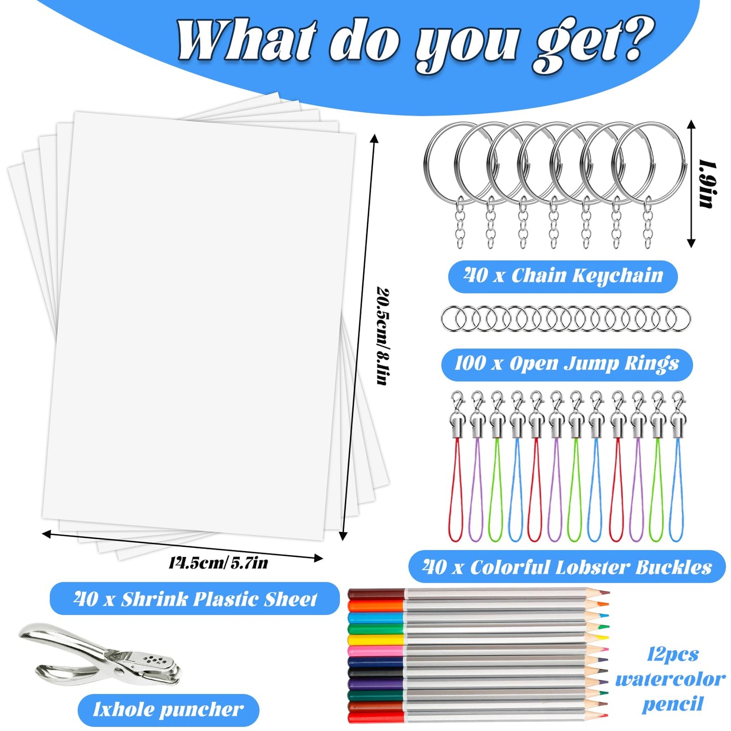 Natonhi 239Pcs Heat Shrink Plastic Sheets Keychain Kit, Including 40 Shrinky Art Paper,6 Traceable Picture, Hole Punch, Pencils, Keychains Accessories for Shrinky Dinks Creative Craft Marking