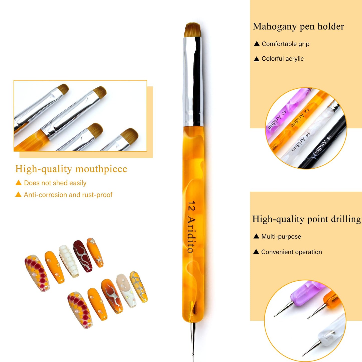 Aridito 4pcs Premium French Nail Art Brush & Dotting Tool - Professional Manicure Tool For Detailed Designs.(pink#10, Orange#12, White#14, Black#16)