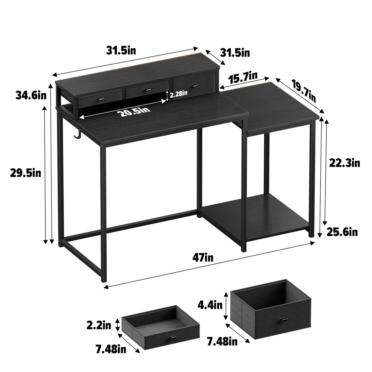 SINPAID 47 inch Computer Desk with Printer Shelf, Gaming Desk with Monitor Stand and Drawers, Reversible Home Office Desk with Storage Shelves and 2 Hooks, Home Workstation for Study Writing, Black