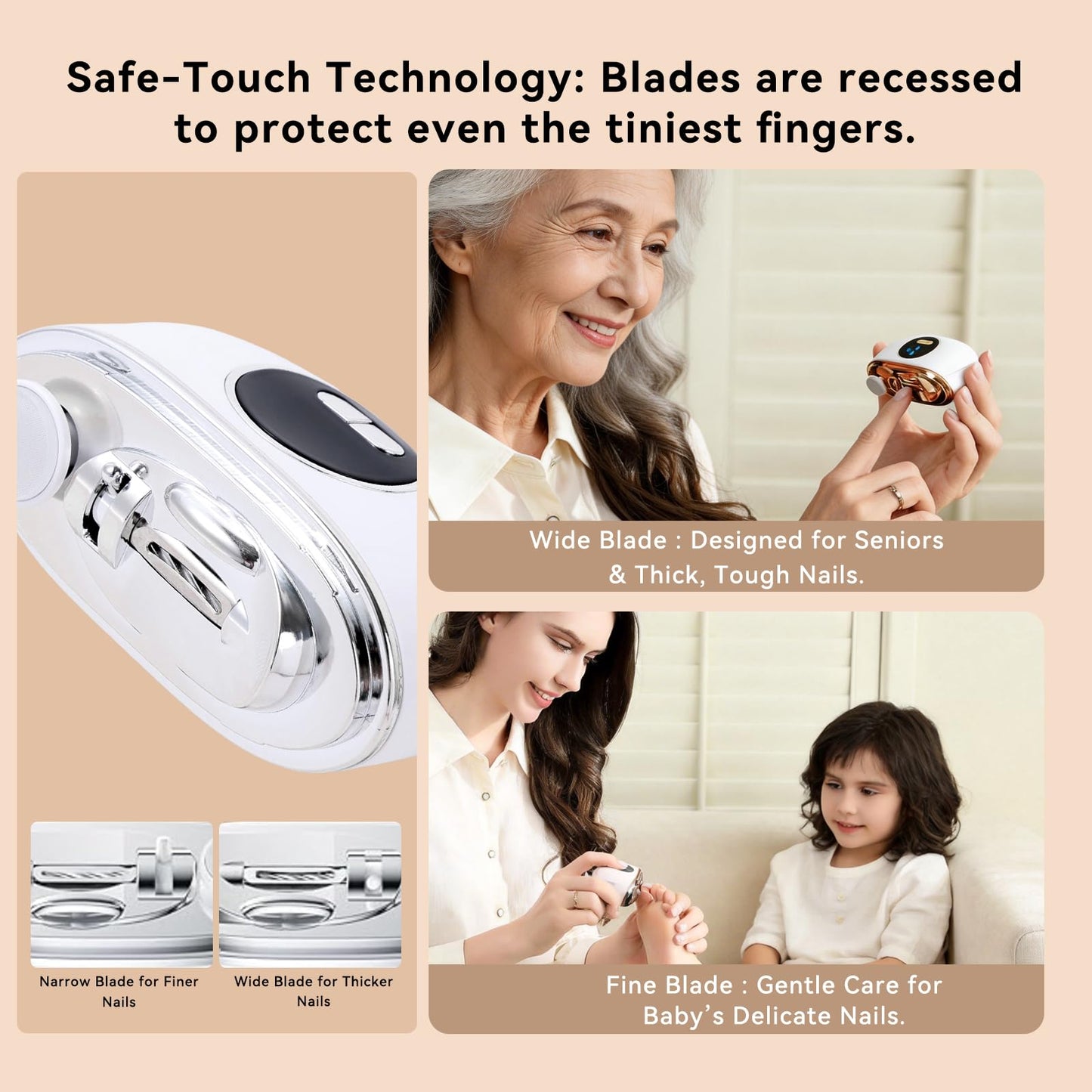 Electric Nail Clipper for Seniors & Adults - Dual-Blade 3-in-1 Automatic Nail Trimmer for Thick Nails with LED Light, Quiet 3-Speed Rechargeable Cutter with Debris Storage