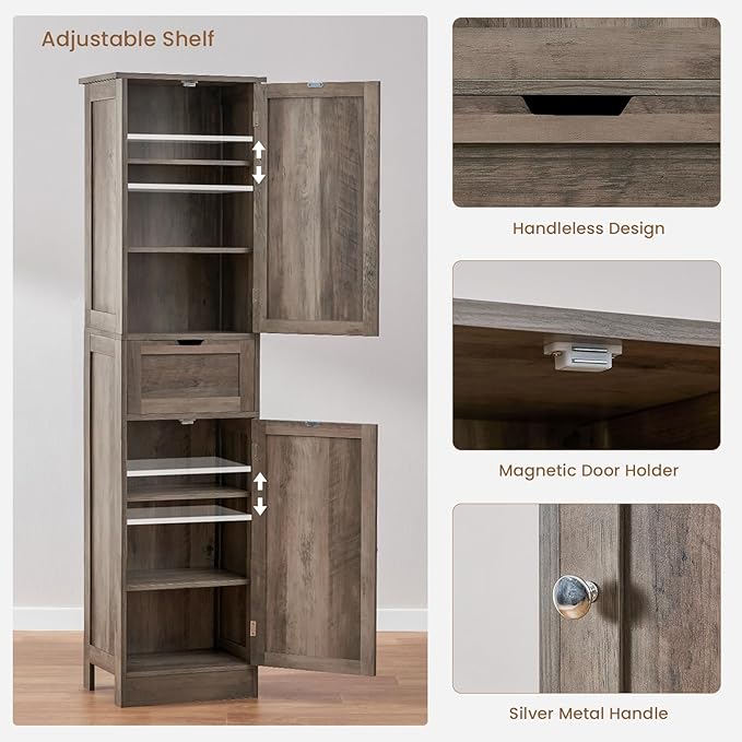 Iwell 67" Tall Storage Cabinet, Narrow Storage Cabinet with Drawer & Adjustable Shelves, Bathroom Cabinet, Floor Cabinet for Living Room, Home Office, Rustic Oak