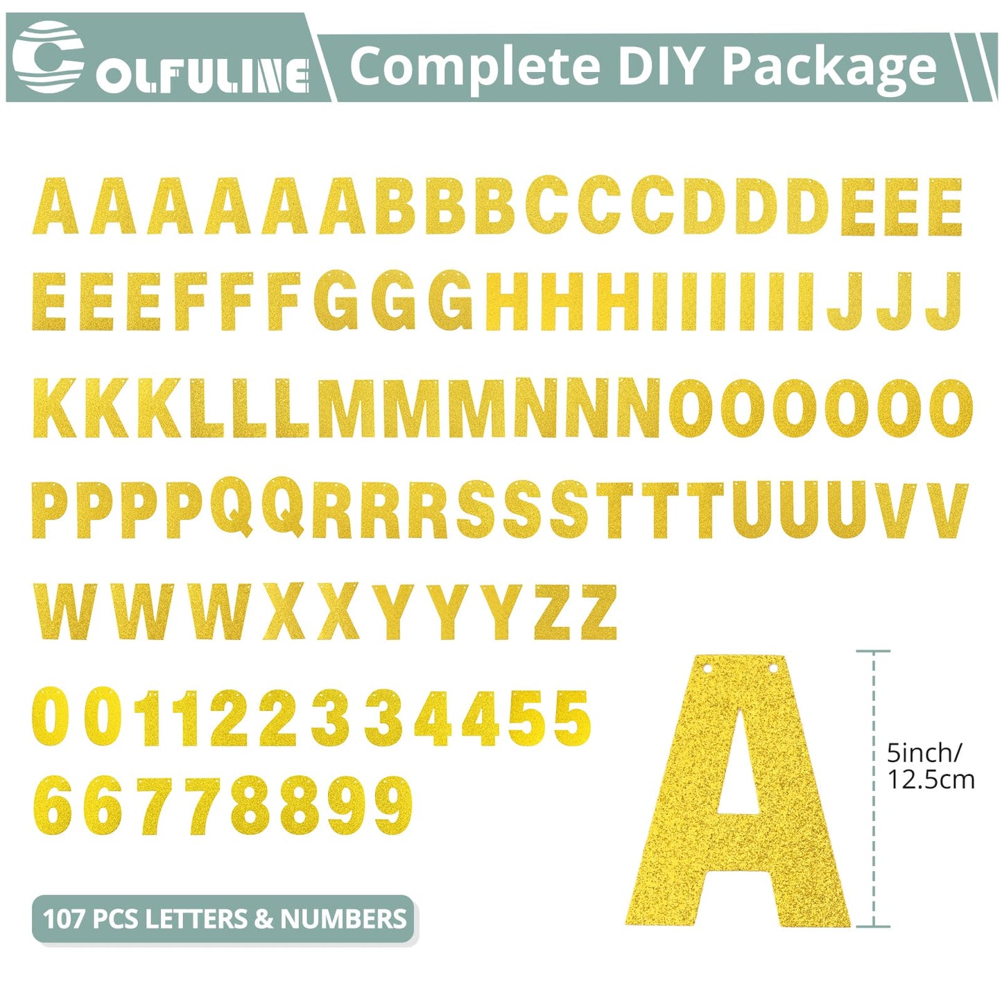 COLFULINE DIY Customizable Glitter Letter Banner Kit, 107 PCS Gold Letters and Numbers with Rope & Threading Tool, Reusable Glitter Cardstock Sign for Birthday, Wedding, Baby Shower Decoration