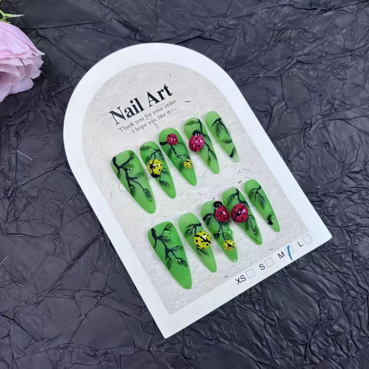 Threelegscat Green Handmade Press on Nails Long Acrylic Nails with Leaves and Insects Pattern Designs for Women and Girls Size L 10pcs