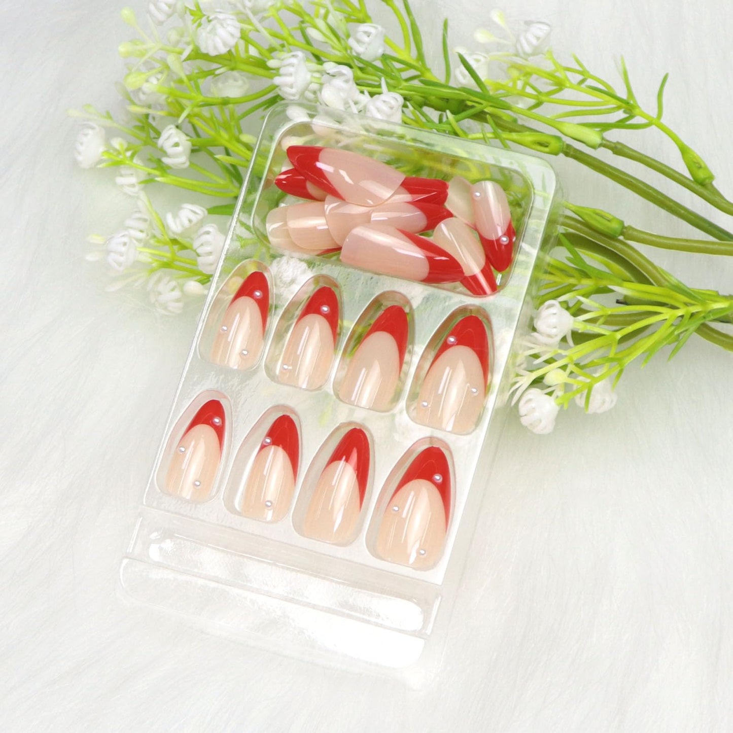 Christmas Press on Nails Medium Almond Fake Nails with Pearl Designs French Tip Nails Press ons Glossy Xmas Red Nude Glue on Nail Winter Artificial Stick on Nail for Women 24 Pcs