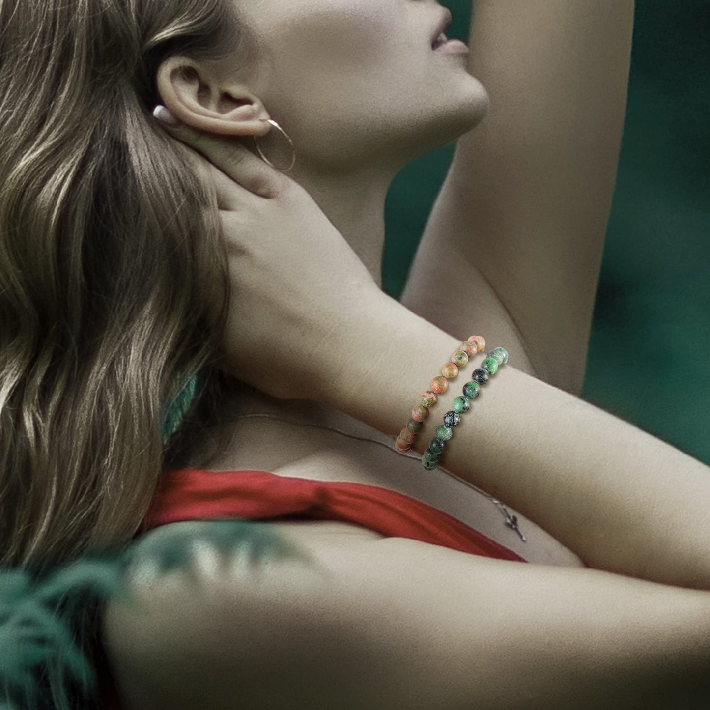 Bivei Natural Gemstone Semi Precious Crystals Handmade Stretchy Round Beads Bracelet, Enhance Positive Energy,Stocking Stuffers for Women(Unakite & Green Agate (Recovery) Medium)