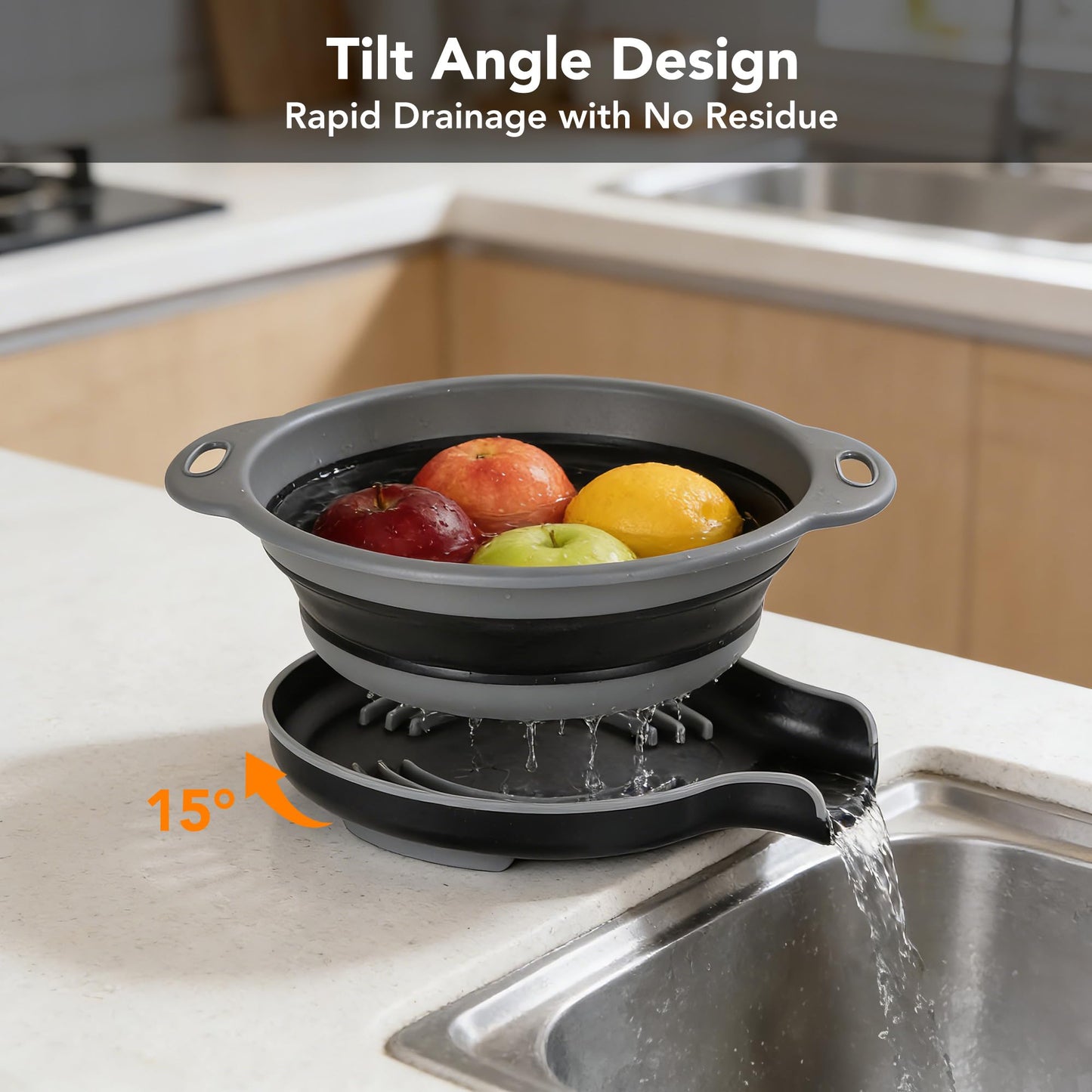 Collapsible Colander Set of 3 with Kitchen Counter Self-draining Base, Round Silicone Food Foldable Strainer for Cooking Pasta, Vegetables and Fruit (3QT, 4QT and 5QT), Black