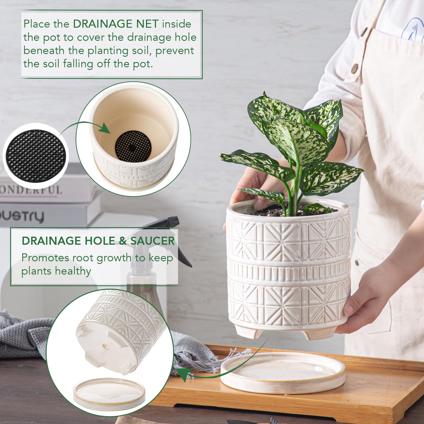 POITONRU Ceramic Plant Pots Indoor-Outdoor: 6 Inch Embossed Planters with Drainage Hole & Saucer - Modern Decorative Flower Pots for Home Garden Patio Office Decor
