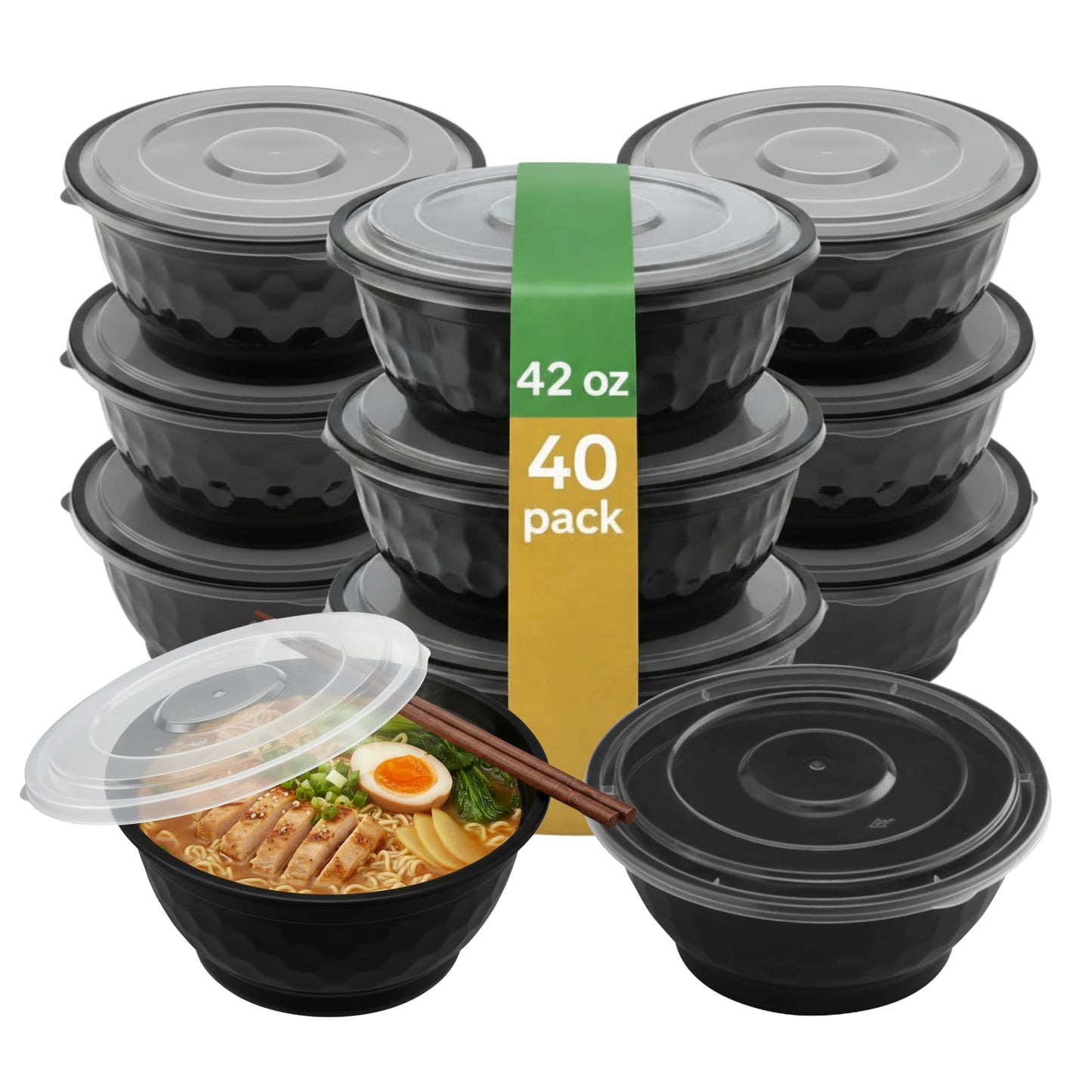 ProTakeOut Disposable Noodle Bowls with Lids – 42 oz Microwaveable Ramen & Soup Containers, Leak-Resistant, BPA-Free, Stackable Food Storage for Restaurants & Takeout – 40 Sets, Black