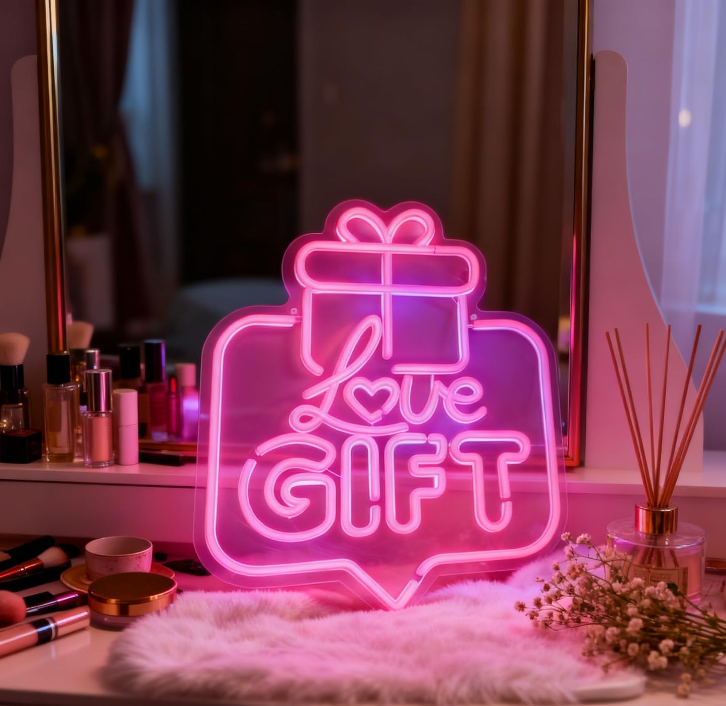 Love Gift Pink LED Neon Sign, Present Box Shape Neon Decor, USB Powered Decorative Neon Light for Gift Shop Signage Retail Store Display Party Event Bedroom Wall Table Accent 16.1 x 13.2 In