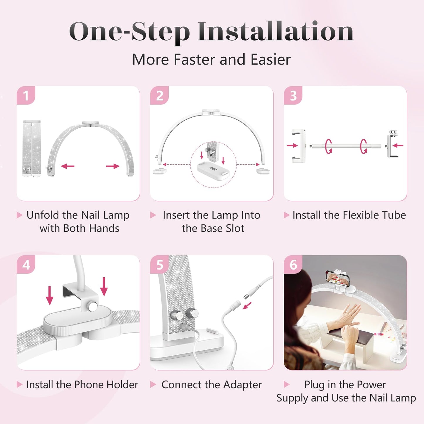 LIONVISON Half Moon Light for Nail Desk: 31-inch Manicure Table Light with Phone Holder for Beginner DIY - 48W Professional Half Moon Lamp for Nail Tech,Eyelash,Makeup,Tattoo