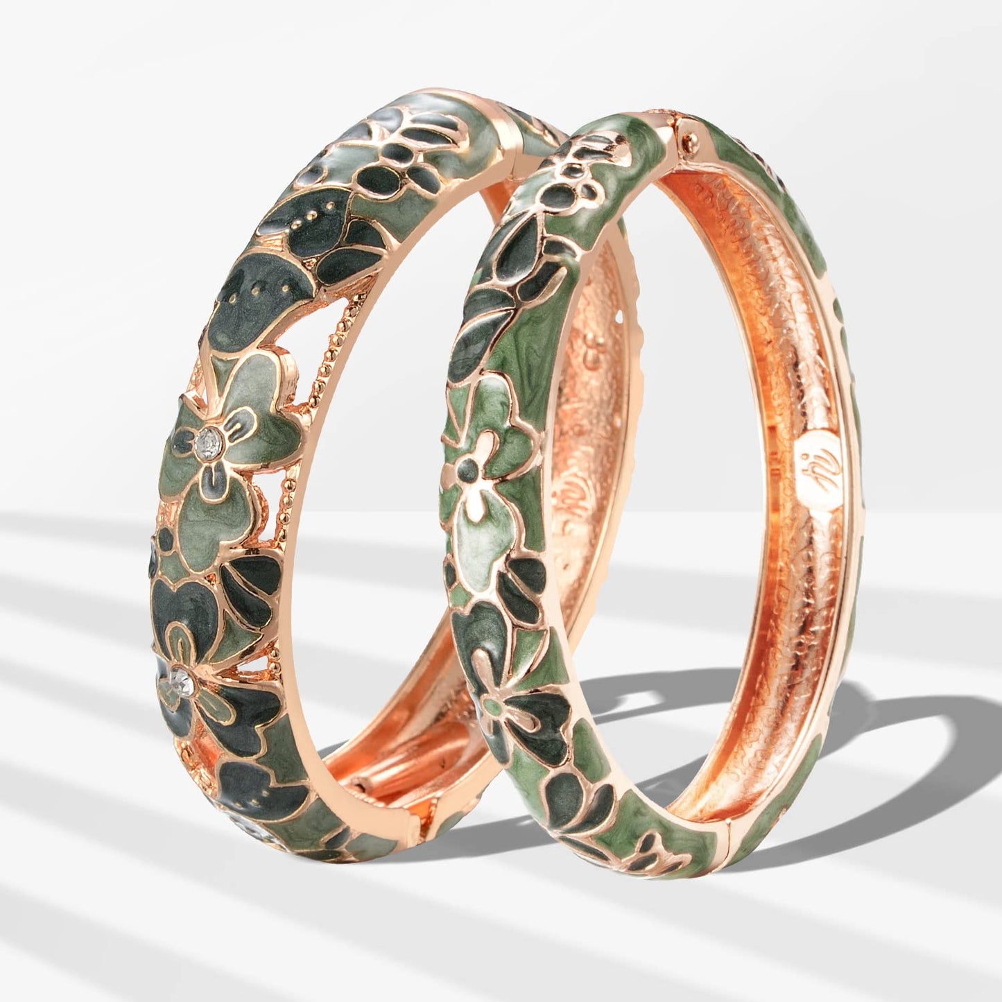 UJOY Women Cloisonne Bracelet Multi-Colors Plated Rhinestone Flower Hollowed Enameled Hinged Cuff Bangles Jewelry Gift 88A22-55A100 Green